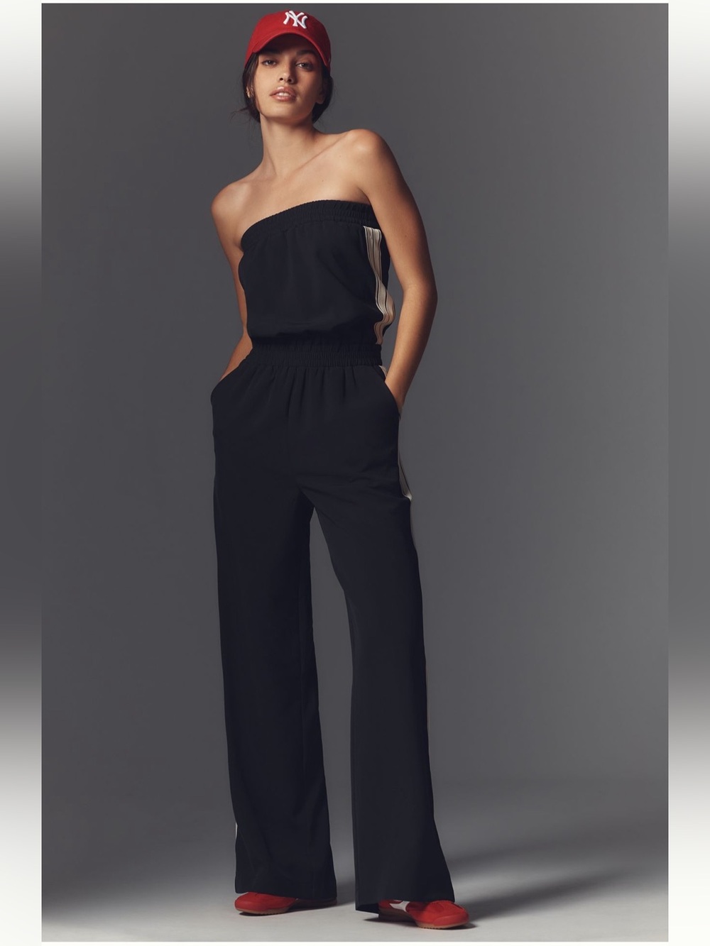 Anthropologie Sporty Black Side Stripe Strapless Wide Leg Jumpsuit M Fall